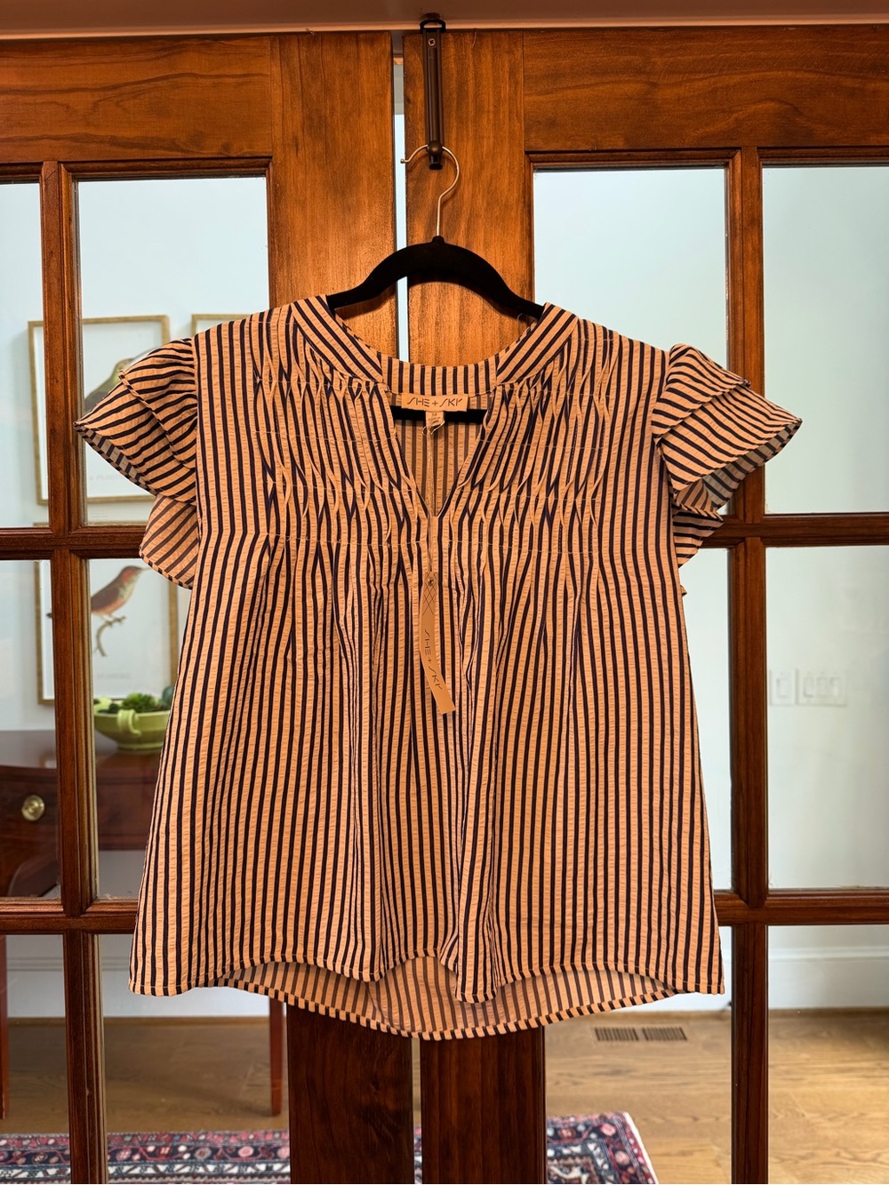 She + Sky Navy and White Striped Tie-Neck Flutter Sleeve Top